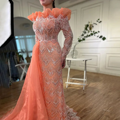 Serene Hill Arabic Mermaid Elegant Orange Luxury Evening Dresses Gowns Pearls Beaded For Women Party 2025 LA71649A - SERENE HILL