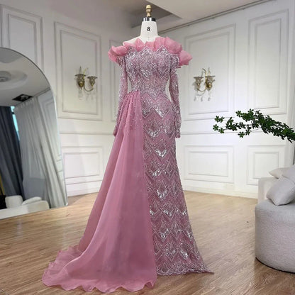 Serene Hill Arabic Mermaid Elegant Orange Luxury Evening Dresses Gowns Pearls Beaded For Women Party 2025 LA71649A - SERENE HILL
