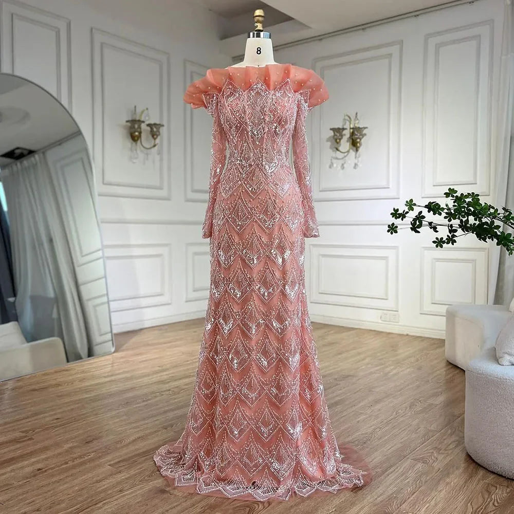 Serene Hill Arabic Mermaid Elegant Orange Luxury Evening Dresses Gowns Pearls Beaded For Women Party 2025 LA71649A - SERENE HILL