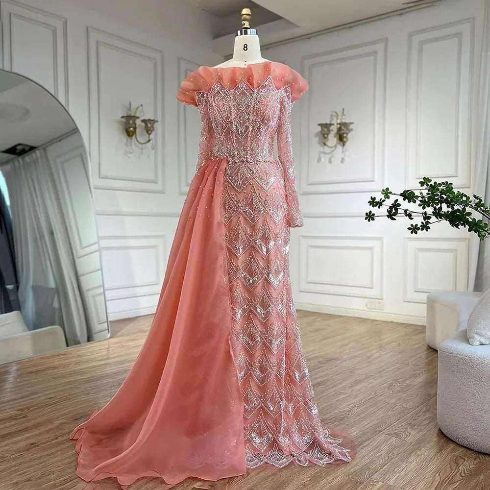 Serene Hill Arabic Mermaid Elegant Orange Luxury Evening Dresses Gowns Pearls Beaded For Women Party 2025 LA71649A - SERENE HILL
