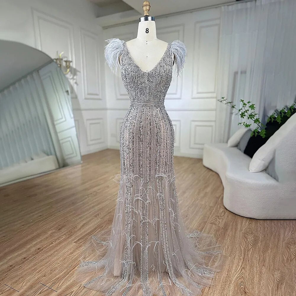 Serene Hill Arabic Mermaid Grey Nude V Neck Evening Dresses Gowns 2025 Feather Beaded Elegant For Women Wedding Party LA72184 - SERENE HILL