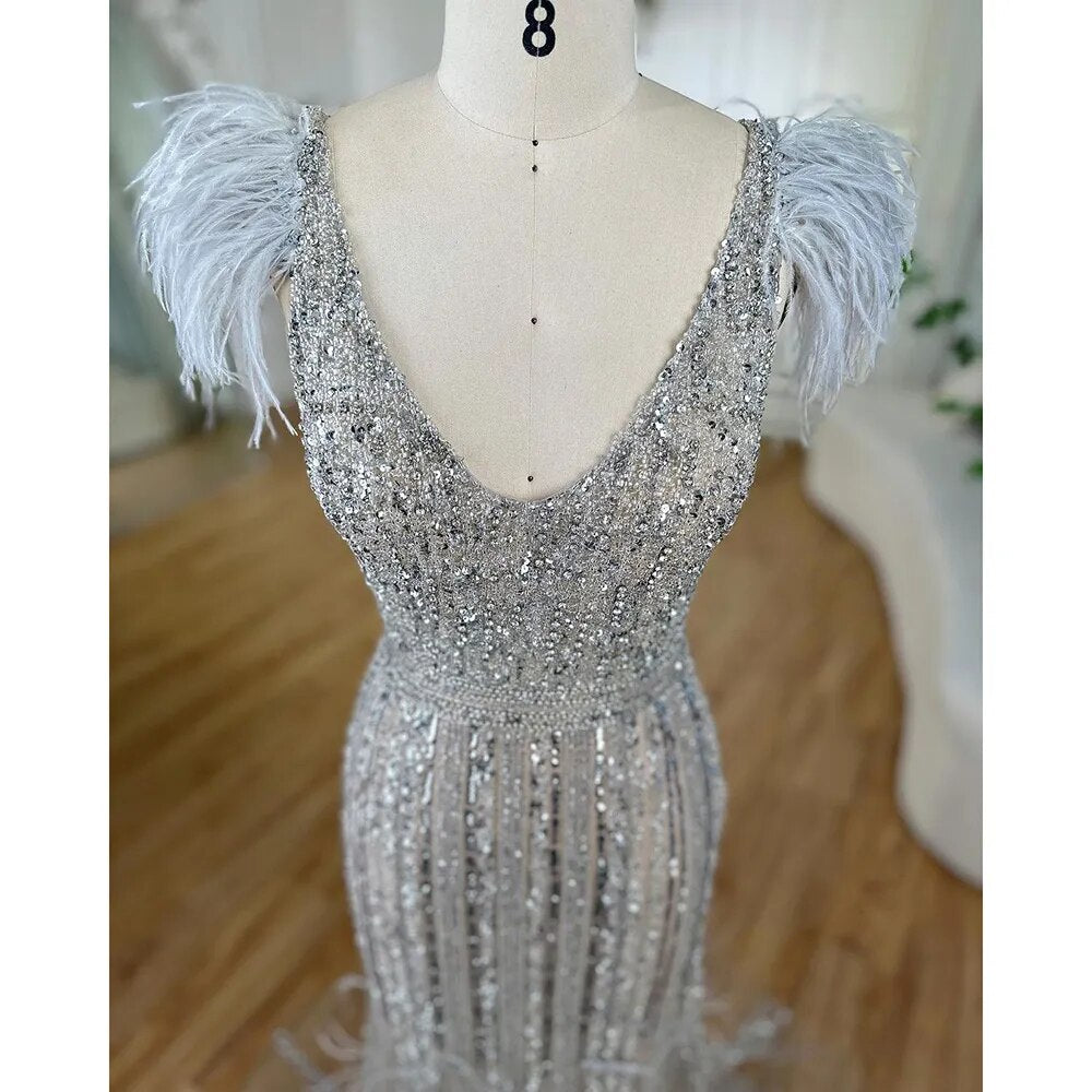 Serene Hill Arabic Mermaid Grey Nude V Neck Evening Dresses Gowns 2025 Feather Beaded Elegant For Women Wedding Party LA72184 - SERENE HILL