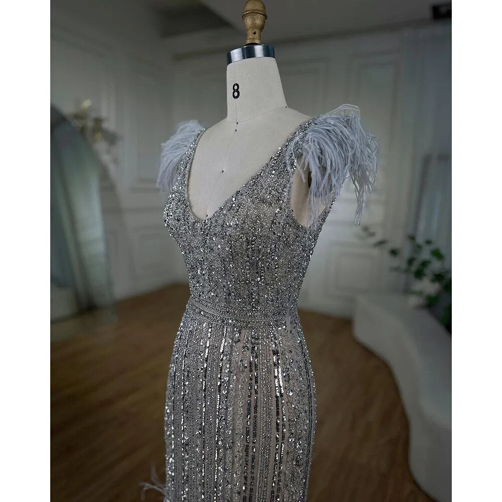 Serene Hill Arabic Mermaid Grey Nude V Neck Evening Dresses Gowns 2025 Feather Beaded Elegant For Women Wedding Party LA72184 - SERENE HILL