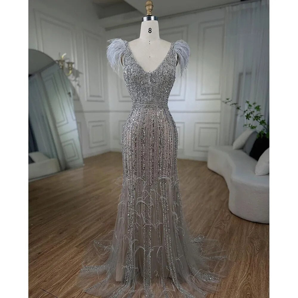 Serene Hill Arabic Mermaid Grey Nude V Neck Evening Dresses Gowns 2025 Feather Beaded Elegant For Women Wedding Party LA72184 - SERENE HILL