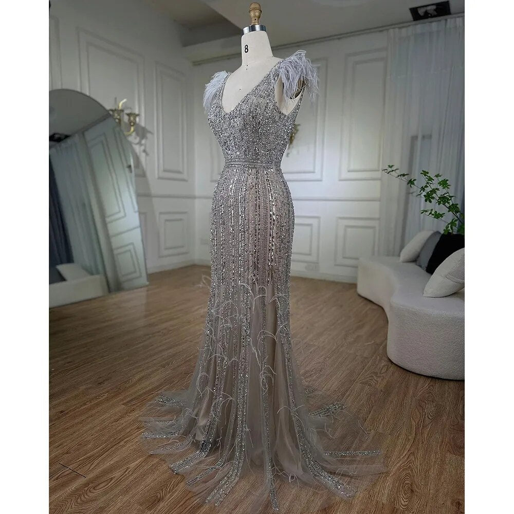 Serene Hill Arabic Mermaid Grey Nude V Neck Evening Dresses Gowns 2025 Feather Beaded Elegant For Women Wedding Party LA72184 - SERENE HILL