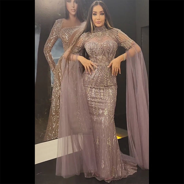 Serene Hill Arabic Mermaid Purple Cape Sleeves Elegant Beaded Evening Dresses Luxury Gowns 2025 For Women Wedding Party LA72129