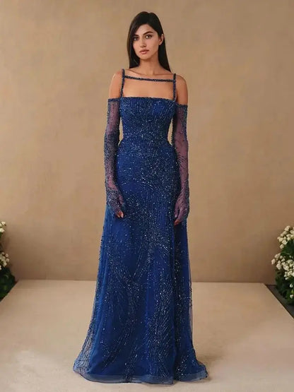 Serene Hill Arabic Navy Blue A-Line Spaghetti Strap Beaded Long Evening Dresses for Women Elegant Party 2025 LA72469 - SERENE HILL