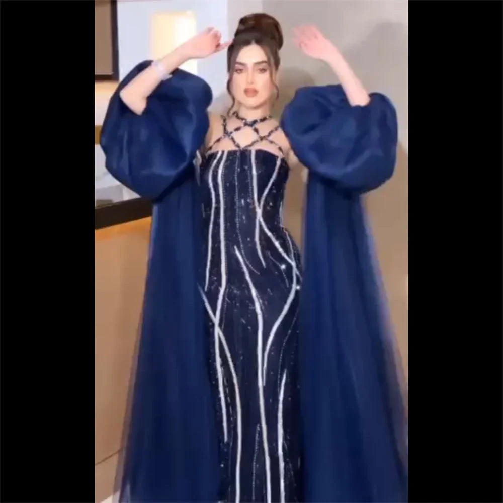 Serene Hill Arabic Navy Blue Elegant Mermaid Balloon Sleeves Beaded Luxury Dubai Evening Dresses Gowns For Women Party LA72072 - SERENE HILL