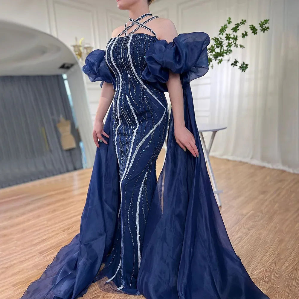 Serene Hill Arabic Navy Blue Elegant Mermaid Balloon Sleeves Beaded Luxury Dubai Evening Dresses Gowns For Women Party LA72072 - SERENE HILL
