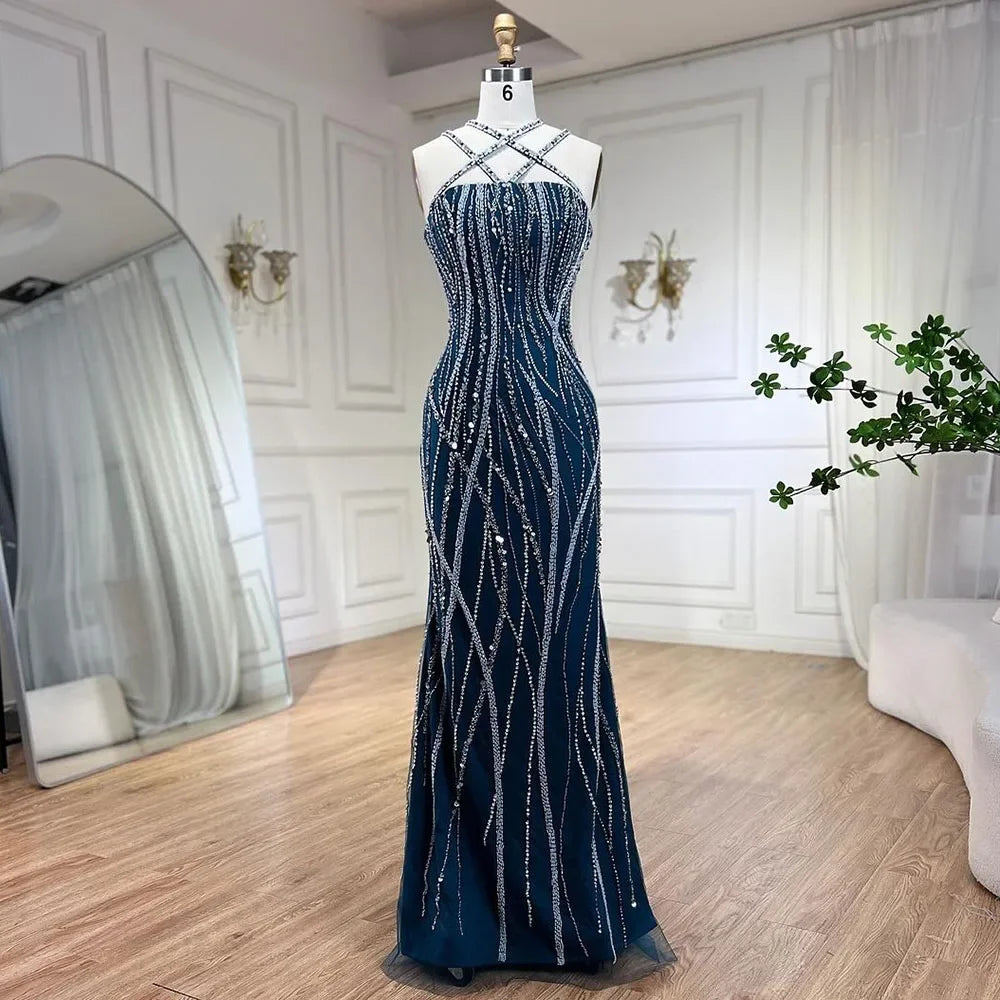 Serene Hill Arabic Navy Blue Elegant Mermaid Balloon Sleeves Beaded Luxury Dubai Evening Dresses Gowns For Women Party LA72072 - SERENE HILL