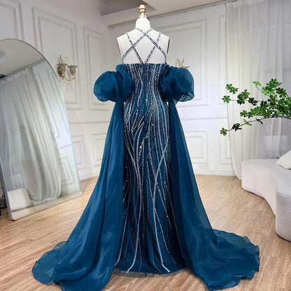 Serene Hill Arabic Navy Blue Elegant Mermaid Balloon Sleeves Beaded Luxury Dubai Evening Dresses Gowns For Women Party LA72072 - SERENE HILL