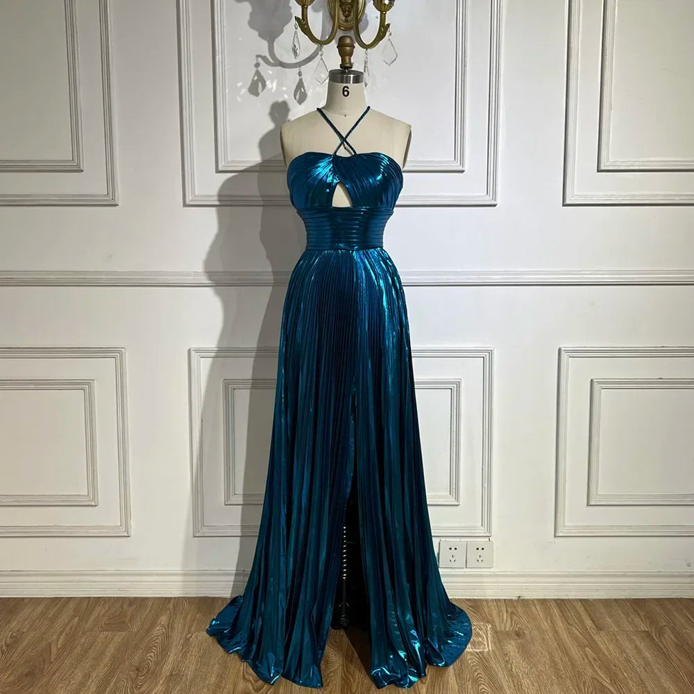 Serene Hill Arabic Navy Blue Halter Straps Lace-Up Back Mermaid Beaded Evening Gown for Women | Wedding Party LA72625 - SERENE HILL