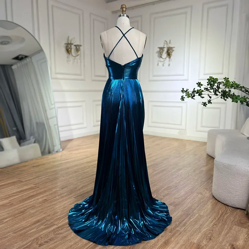 Serene Hill Arabic Navy Blue Halter Straps Lace-Up Back Mermaid Beaded Evening Gown for Women | Wedding Party LA72625 - SERENE HILL