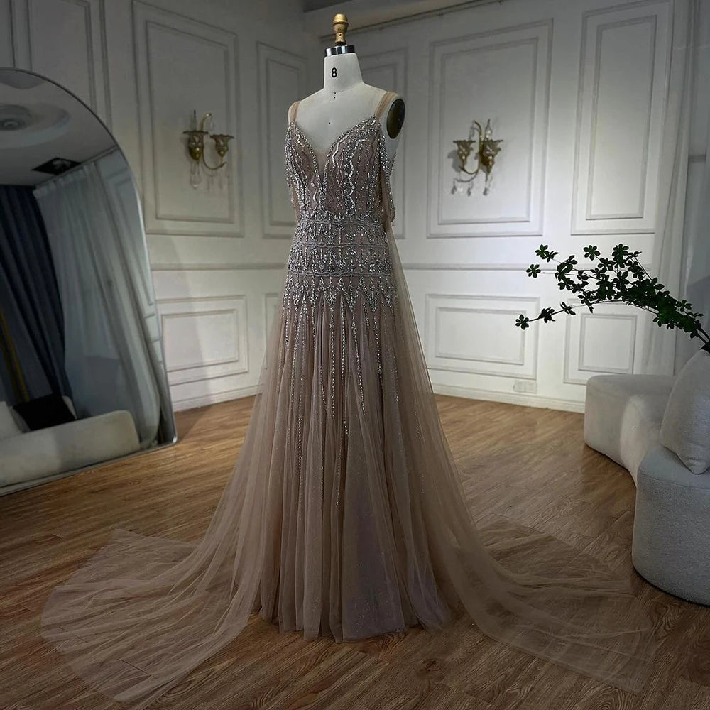 Serene Hill Arabic Nude A Line Spaghetti Strap Beaded Luxury Dubai Evening Dresses Gowns For Women Wedding Party 2025 LA71911L - SERENE HILL