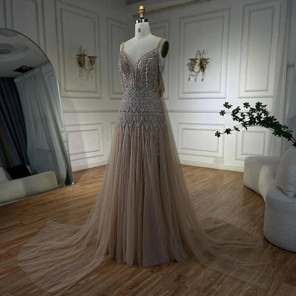 Serene Hill Arabic Nude A Line Spaghetti Strap Beaded Luxury Dubai Evening Dresses Gowns For Women Wedding Party 2025 LA71911L - SERENE HILL