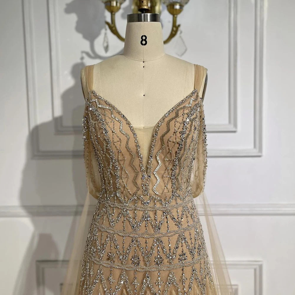 Serene Hill Arabic Nude A Line Spaghetti Strap Beaded Luxury Dubai Evening Dresses Gowns For Women Wedding Party 2025 LA71911L - SERENE HILL