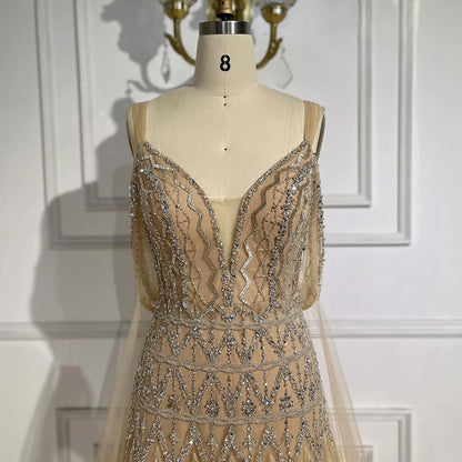 Serene Hill Arabic Nude A Line Spaghetti Strap Beaded Luxury Dubai Evening Dresses Gowns For Women Wedding Party 2025 LA71911L - SERENE HILL