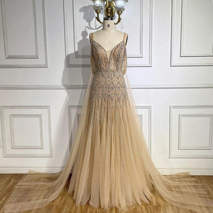 Serene Hill Arabic Nude A Line Spaghetti Strap Beaded Luxury Dubai Evening Dresses Gowns For Women Wedding Party 2025 LA71911L - SERENE HILL