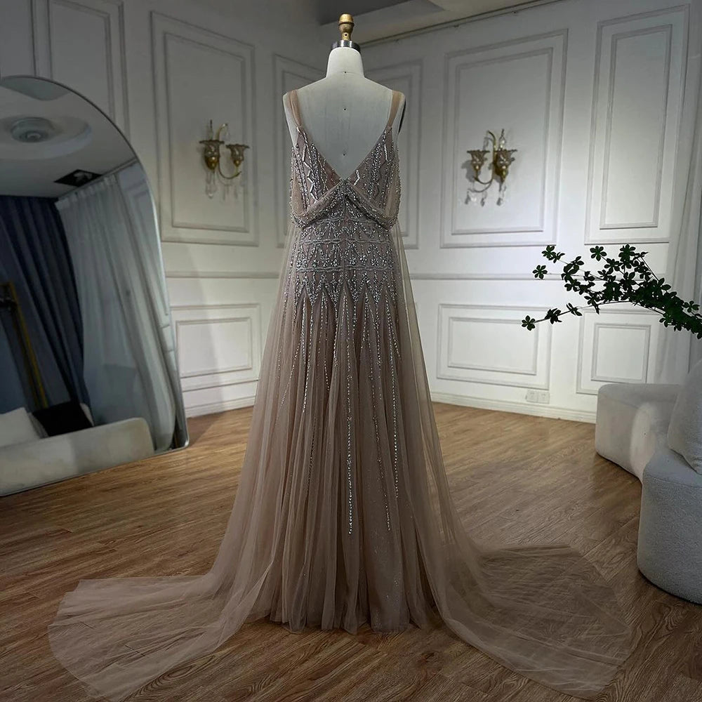 Serene Hill Arabic Nude A Line Spaghetti Strap Beaded Luxury Dubai Evening Dresses Gowns For Women Wedding Party 2025 LA71911L - SERENE HILL