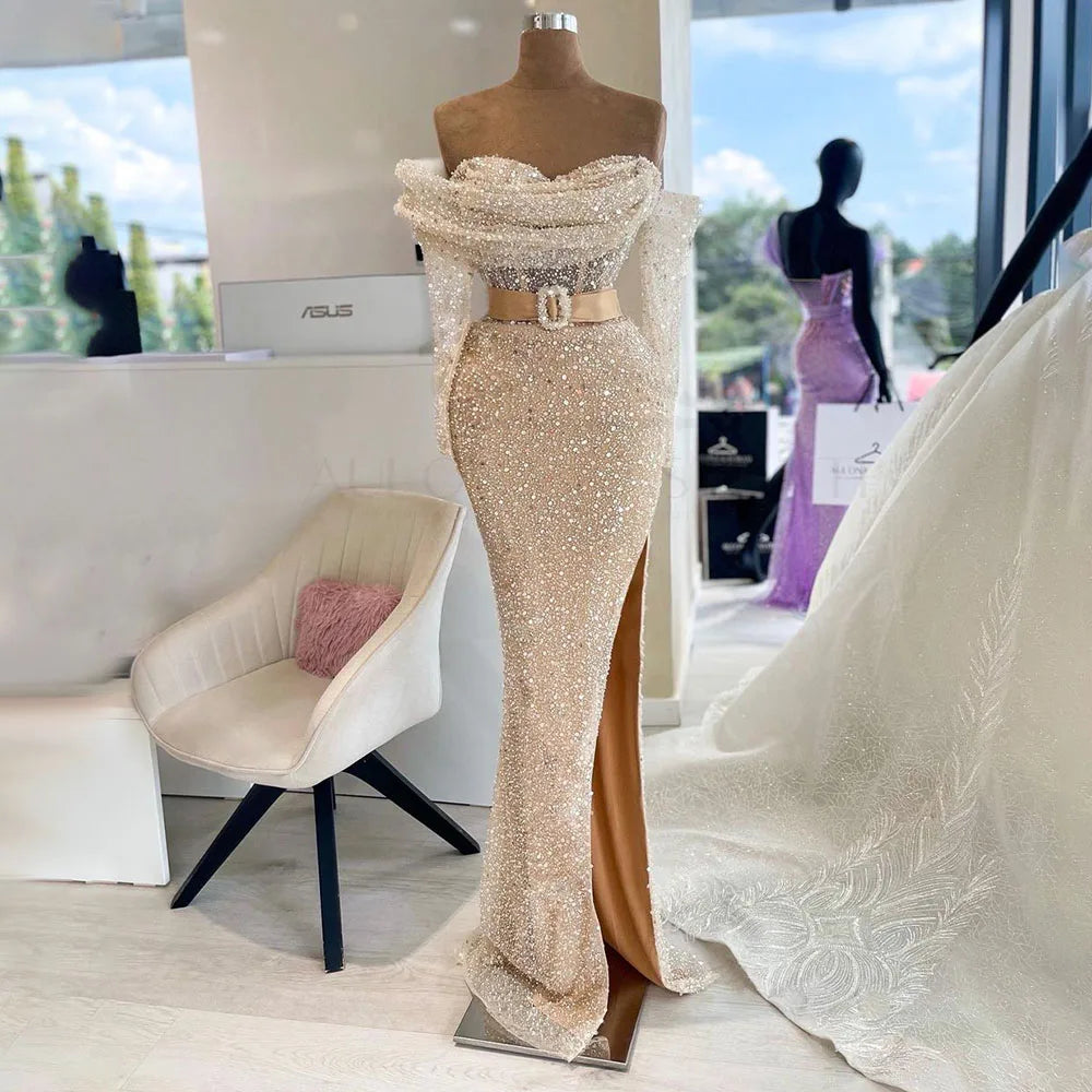 Serene Hill Arabic Nude Elegant One Shoulder Beaded Luxury Dubai Evening Dresses Gowns For Women Wedding Party 2025 LA72318D - SERENE HILL