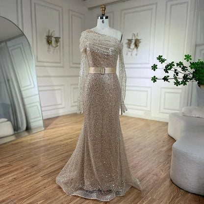 Serene Hill Arabic Nude Elegant One Shoulder Beaded Luxury Dubai Evening Dresses Gowns For Women Wedding Party 2025 LA72318D - SERENE HILL