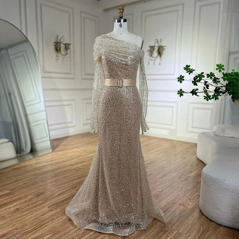 Serene Hill Arabic Nude Elegant One Shoulder Beaded Luxury Dubai Evening Dresses Gowns For Women Wedding Party 2025 LA72318D - SERENE HILL