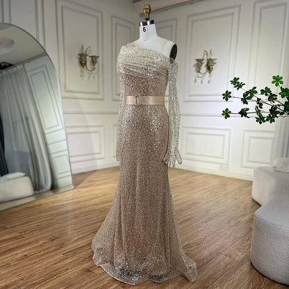 Serene Hill Arabic Nude Elegant One Shoulder Beaded Luxury Dubai Evening Dresses Gowns For Women Wedding Party 2025 LA72318D - SERENE HILL