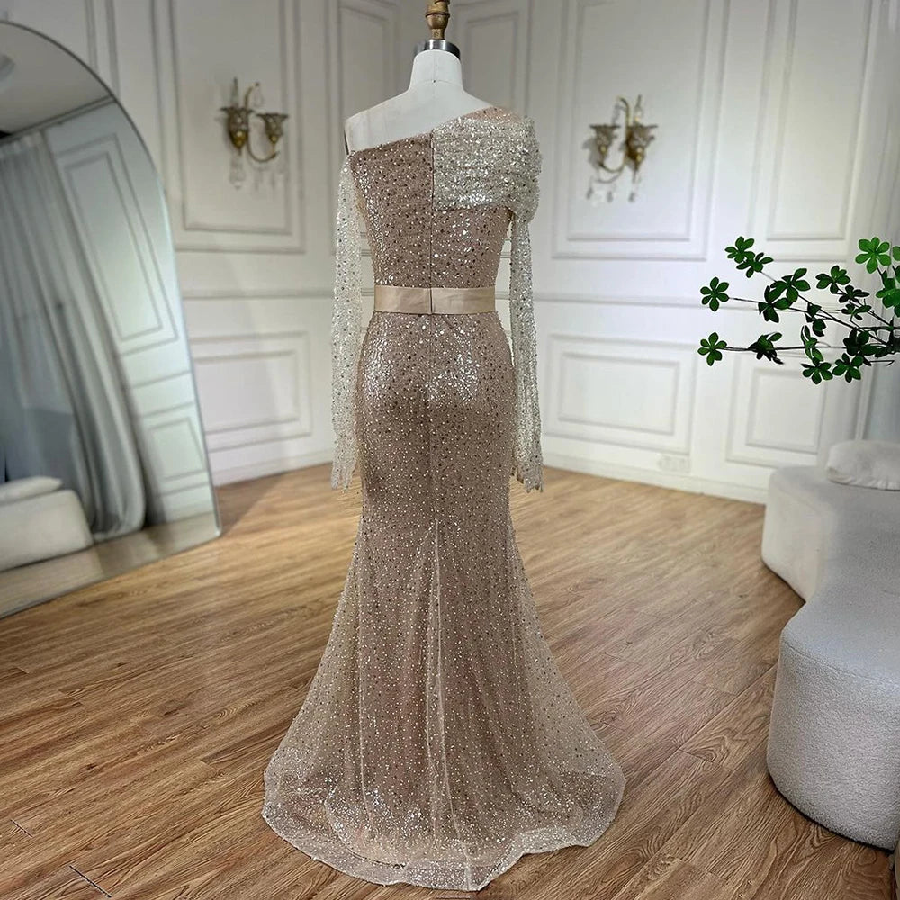 Serene Hill Arabic Nude Elegant One Shoulder Beaded Luxury Dubai Evening Dresses Gowns For Women Wedding Party 2025 LA72318D - SERENE HILL