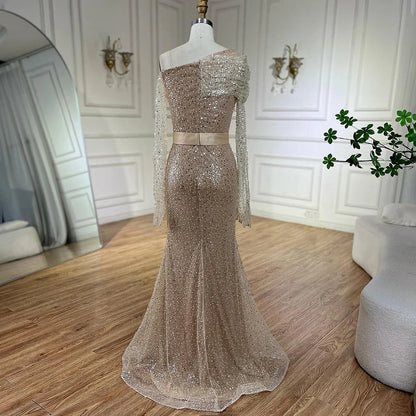 Serene Hill Arabic Nude Elegant One Shoulder Beaded Luxury Dubai Evening Dresses Gowns For Women Wedding Party 2025 LA72318D - SERENE HILL