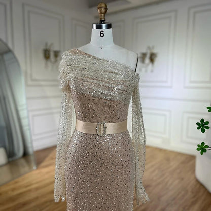 Serene Hill Arabic Nude Elegant One Shoulder Beaded Luxury Dubai Evening Dresses Gowns For Women Wedding Party 2025 LA72318D - SERENE HILL