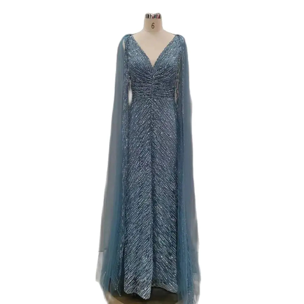 Serene Hill Arabic Nude Luxury Evening Dresses with Cape Sleeves A-Line Beaded and Gown For Women&