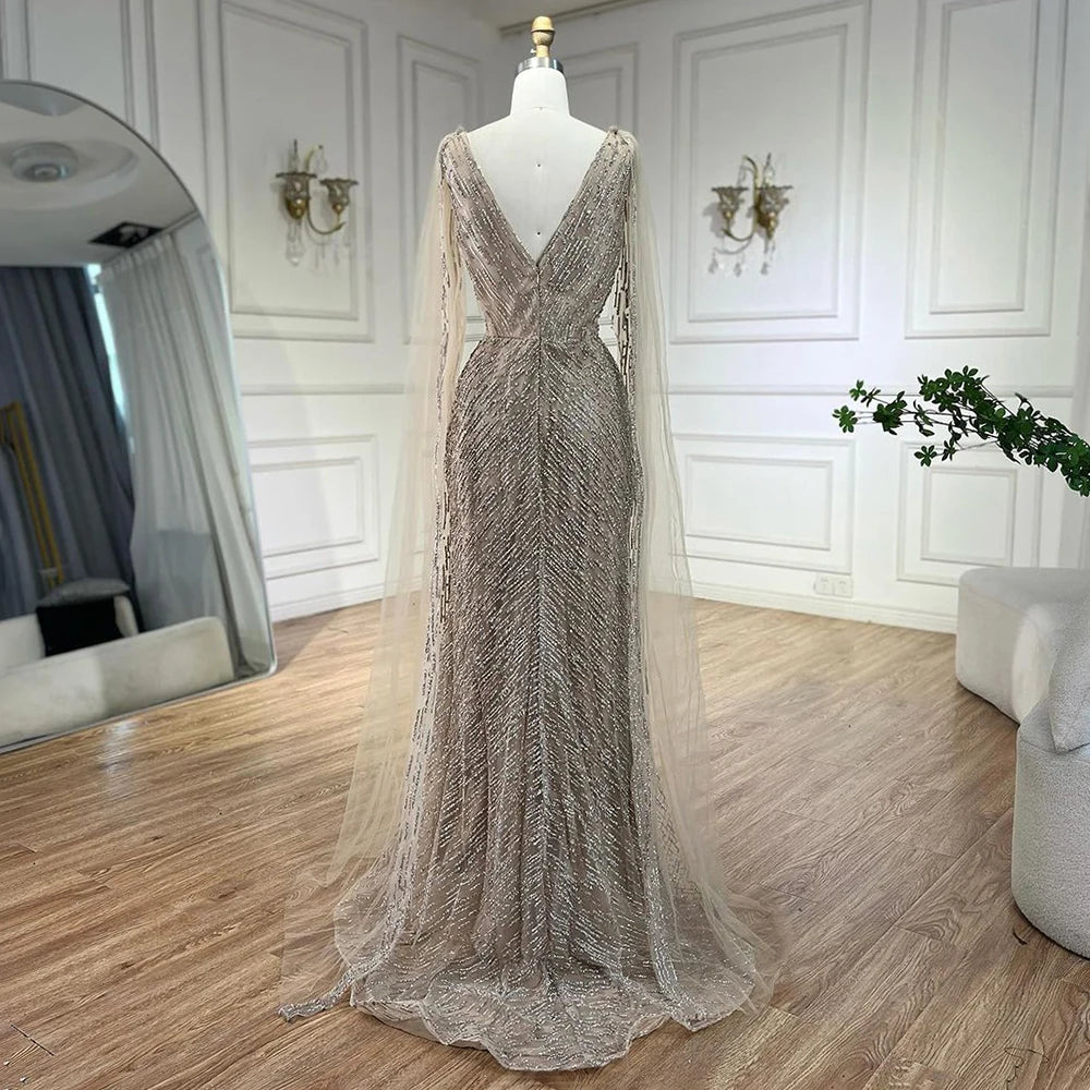 Serene Hill Arabic Nude Luxury Evening Dresses with Cape Sleeves A-Line Beaded and Gown For Women&