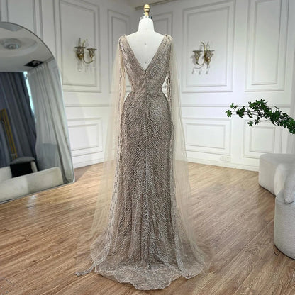 Serene Hill Arabic Nude Luxury Evening Dresses with Cape Sleeves A-Line Beaded and Gown For Women&