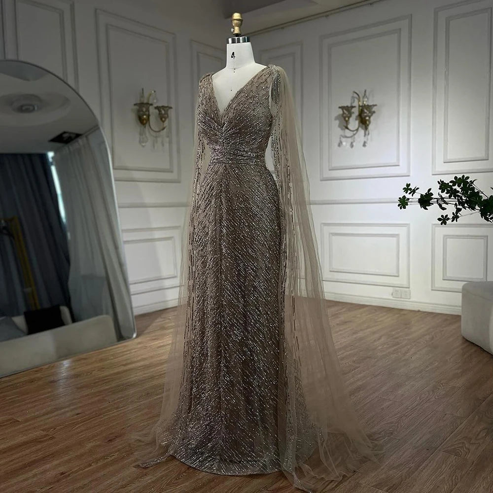 Serene Hill Arabic Nude Luxury Evening Dresses with Cape Sleeves A-Line Beaded and Gown For Women&