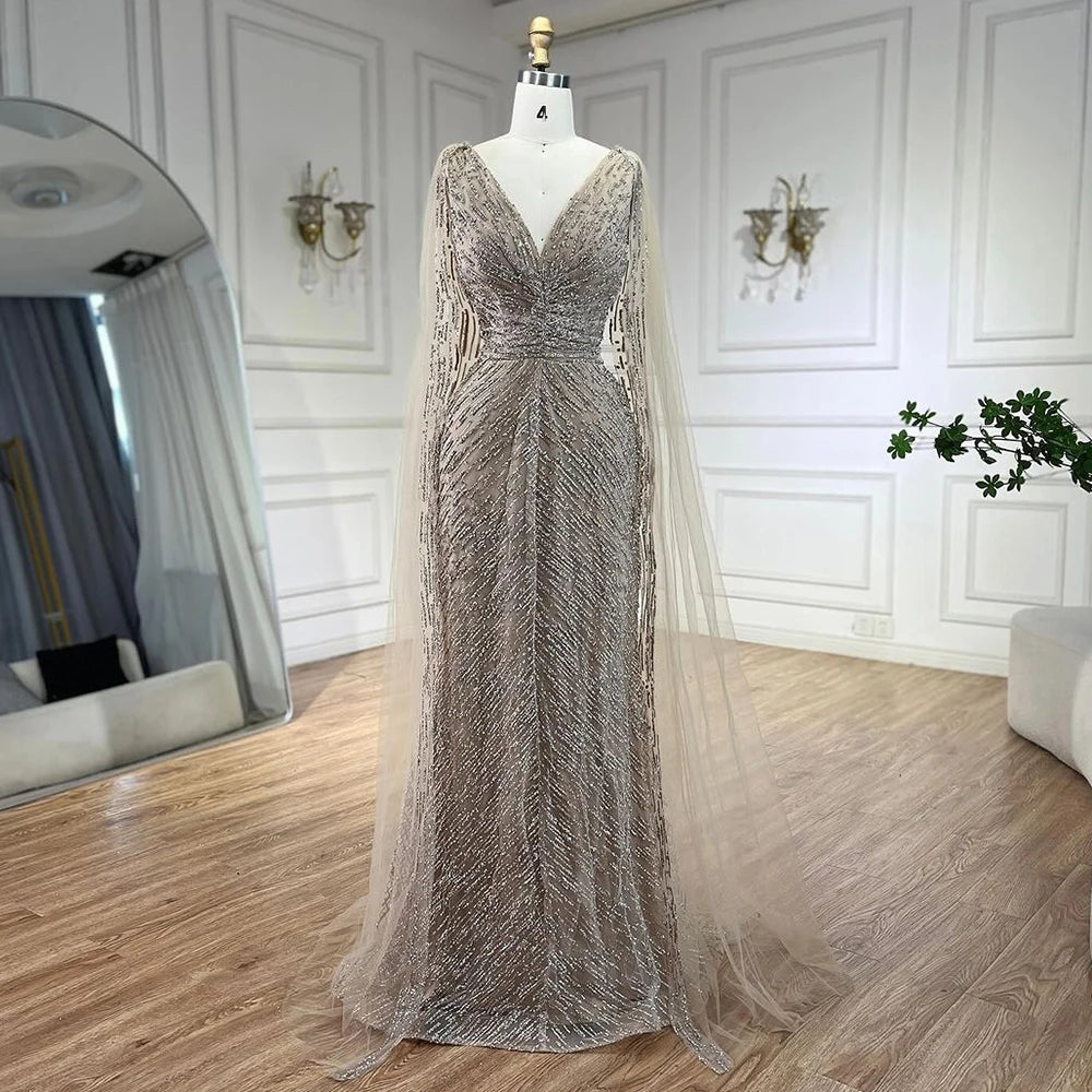 Serene Hill Arabic Nude Luxury Evening Dresses with Cape Sleeves A-Line Beaded and Gown For Women&