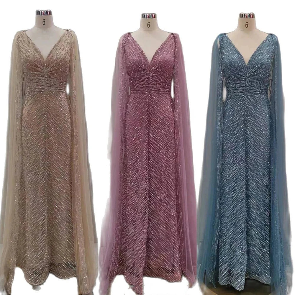 Serene Hill Arabic Nude Luxury Evening Dresses with Cape Sleeves A-Line Beaded and Gown For Women&