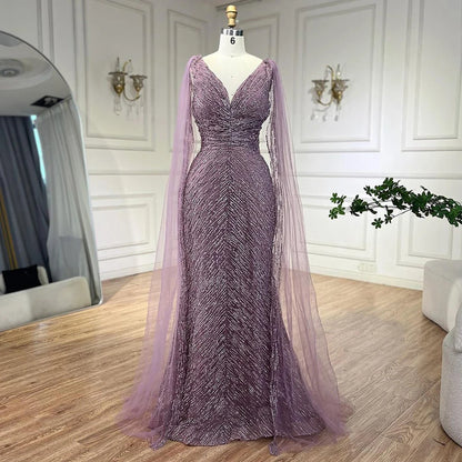 Serene Hill Arabic Nude Luxury Evening Dresses with Cape Sleeves A-Line Beaded and Gown For Women&