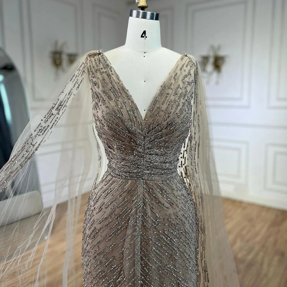 Serene Hill Arabic Nude Luxury Evening Dresses with Cape Sleeves A-Line Beaded and Gown For Women&