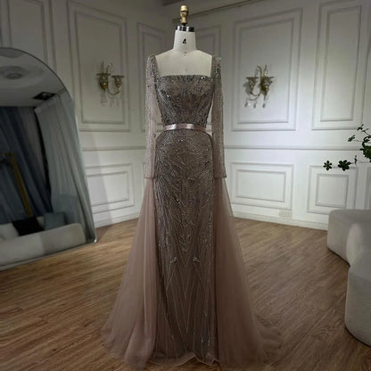 Serene Hill Arabic Nude Mermaid Beaded Luxury Dubai Long Evening Dress 2-in-1 Skirt with Overskirt Women&