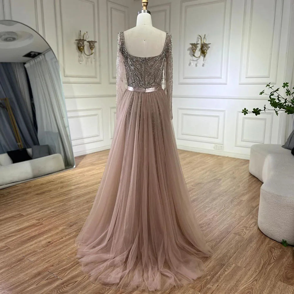 Serene Hill Arabic Nude Mermaid Beaded Luxury Dubai Long Evening Dress 2-in-1 Skirt with Overskirt Women&