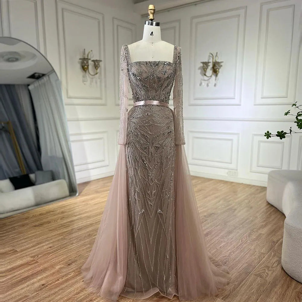 Serene Hill Arabic Nude Mermaid Beaded Luxury Dubai Long Evening Dress 2-in-1 Skirt with Overskirt Women&
