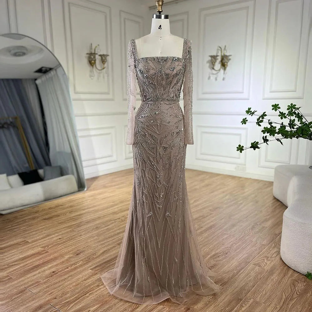 Serene Hill Arabic Nude Mermaid Beaded Luxury Dubai Long Evening Dress 2-in-1 Skirt with Overskirt Women&