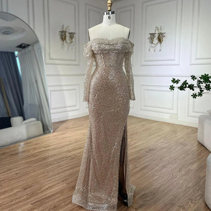 Serene Hill Arabic Nude Mermaid Boat Neck Beaded Luxury Dubai Evening Dresses Gowns For Women Wedding Party 2025 LA72318A - SERENE HILL