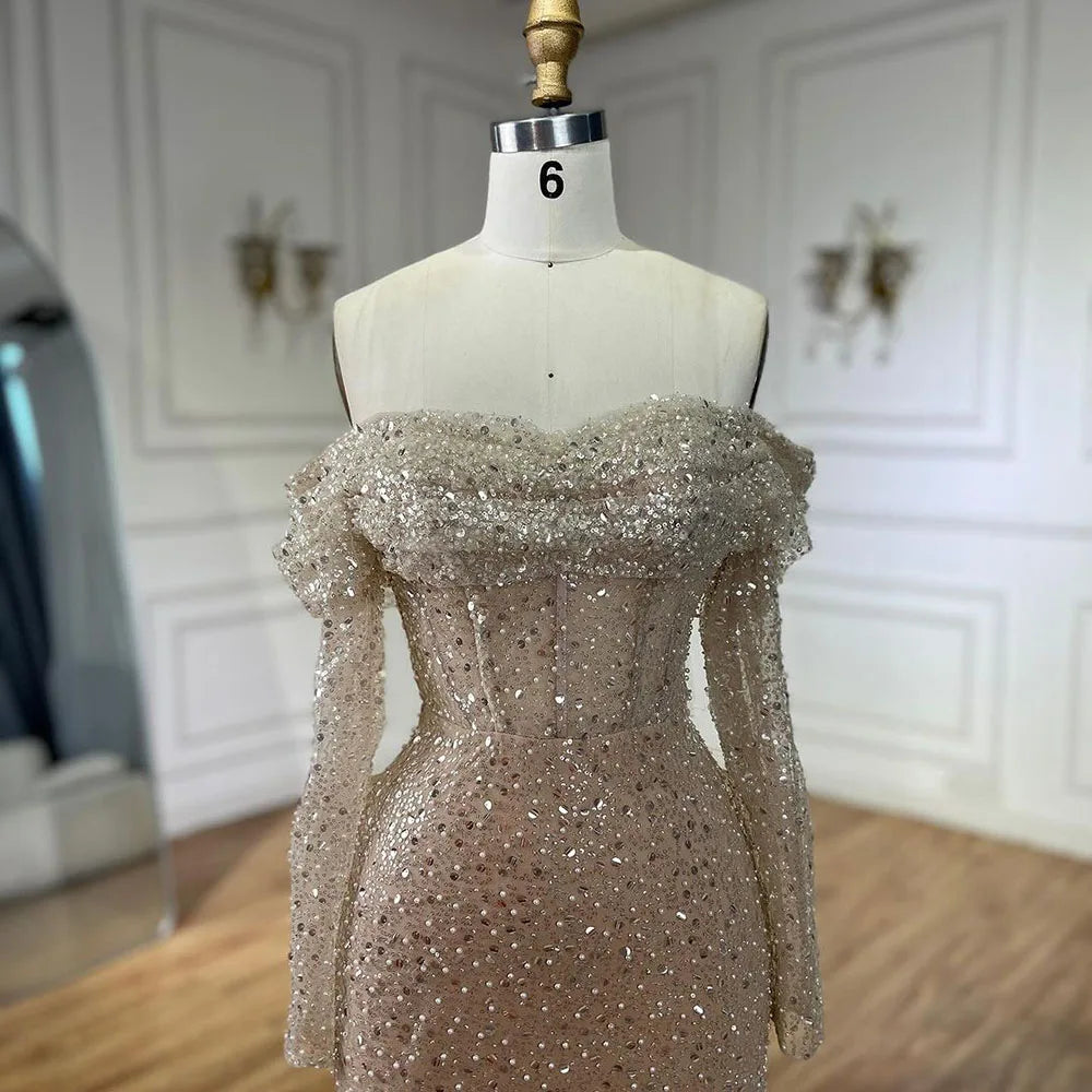 Serene Hill Arabic Nude Mermaid Boat Neck Beaded Luxury Dubai Evening Dresses Gowns For Women Wedding Party 2025 LA72318A - SERENE HILL