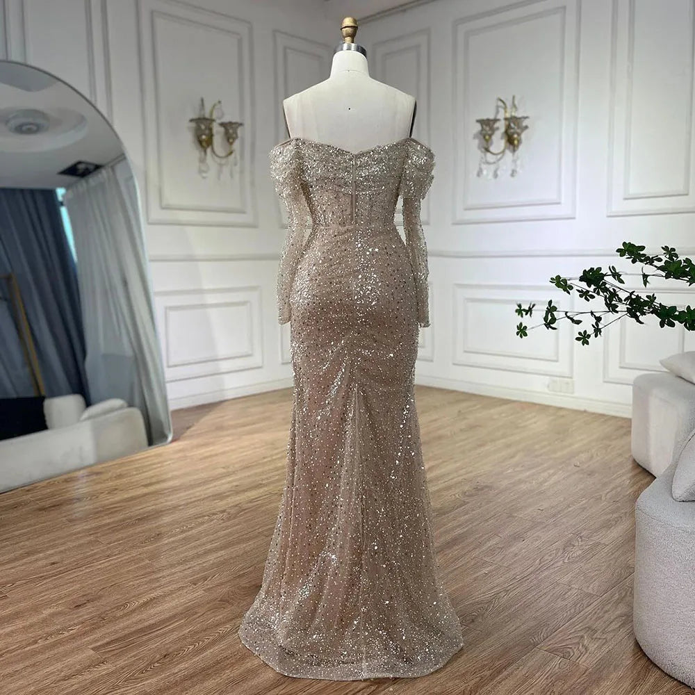 Serene Hill Arabic Nude Mermaid Boat Neck Beaded Luxury Dubai Evening Dresses Gowns For Women Wedding Party 2025 LA72318A - SERENE HILL