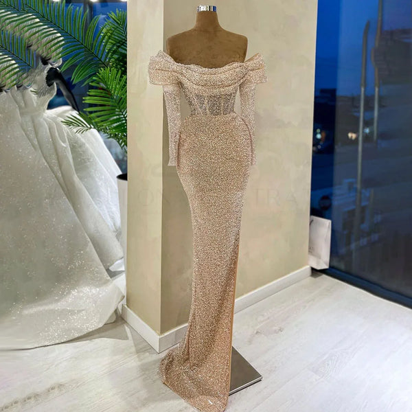 Serene Hill Arabic Nude Mermaid Boat Neck Beaded Luxury Dubai Evening Dresses Gowns For Women Wedding Party 2025 LA72318A