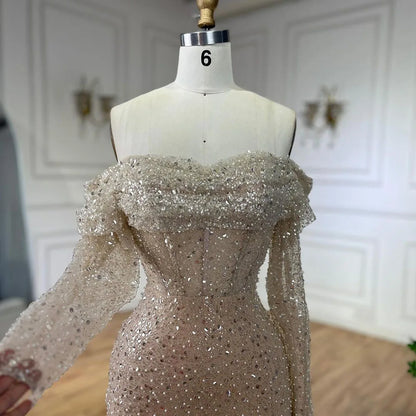 Serene Hill Arabic Nude Mermaid Boat Neck Beaded Luxury Dubai Evening Dresses Gowns For Women Wedding Party 2025 LA72318A - SERENE HILL
