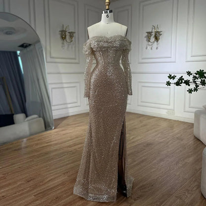 Serene Hill Arabic Nude Mermaid Boat Neck Beaded Luxury Dubai Evening Dresses Gowns For Women Wedding Party 2025 LA72318A - SERENE HILL