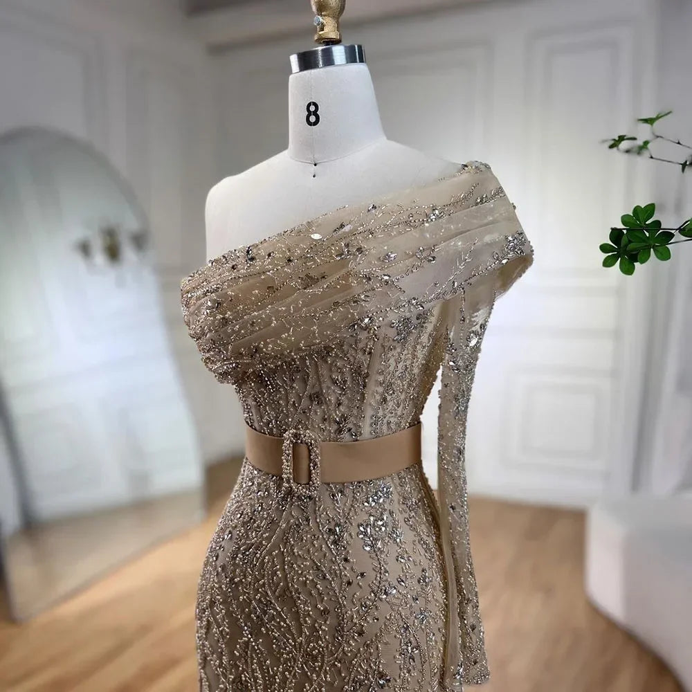 Serene Hill Arabic Nude Mermaid One Shoulder Beaded Luxury Dubai Evening Dresses Gowns For Women Wedding Party 2025 LA72161 - SERENE HILL