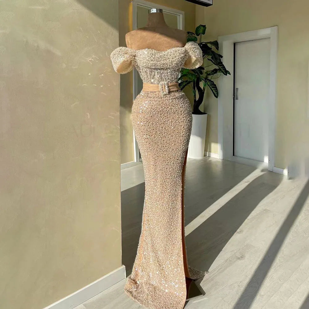 Luxury Nude Arabic One Shoulder Beaded Mermaid Evening Dress LA72318B - SERENE HILL